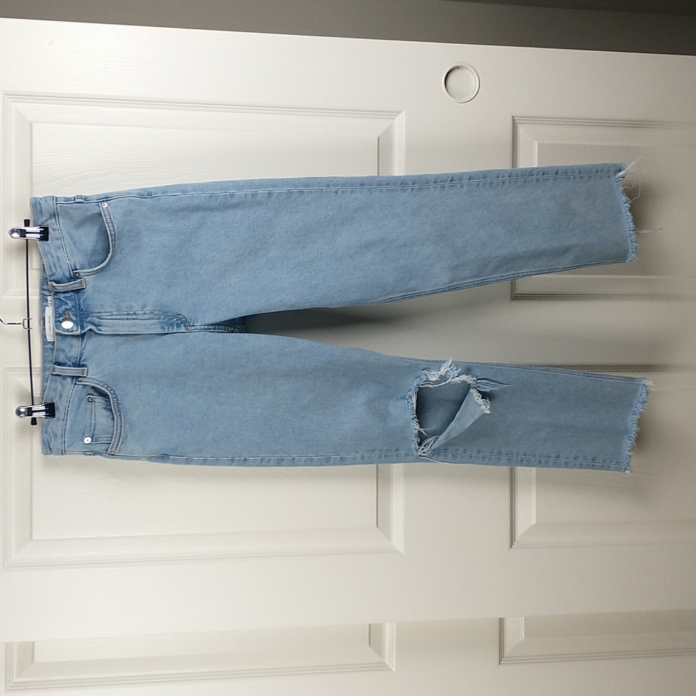 & Other Stories Straight High Rise Ripped Raw Hem Ankle Stretch Jeans 30